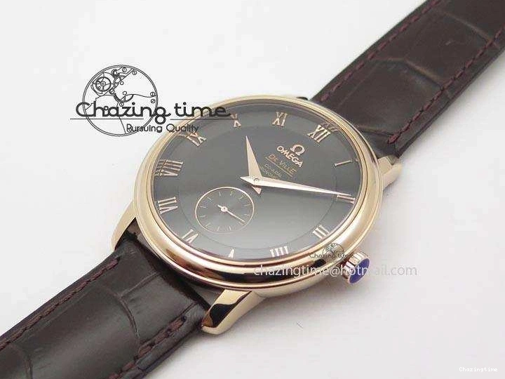 0422 TimelessDesign De Ville MK 1:1 Best Edition RG Black Dial On Black Leather Asian Seagull T1701 (Sec@6) 8236